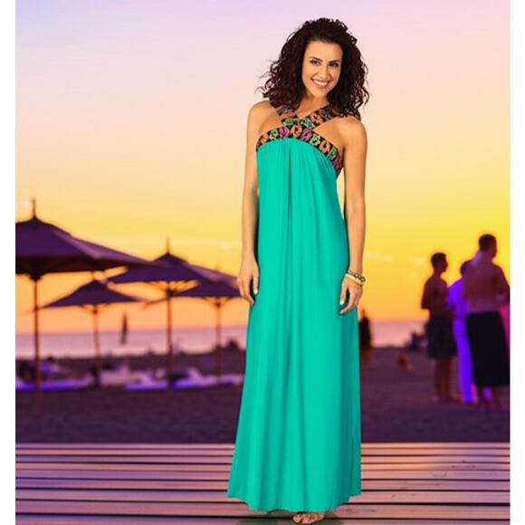 New York & Company Teal Aztec Jersey Knit Maxi Sleeveless Built In Bra Dress L - Picture 1 of 11